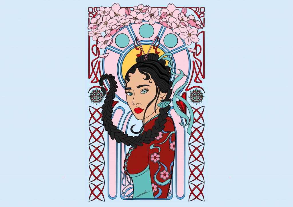 Illustration style art nouveau d'une femme asiatique qui symbolise le signe astrologique du scorpion