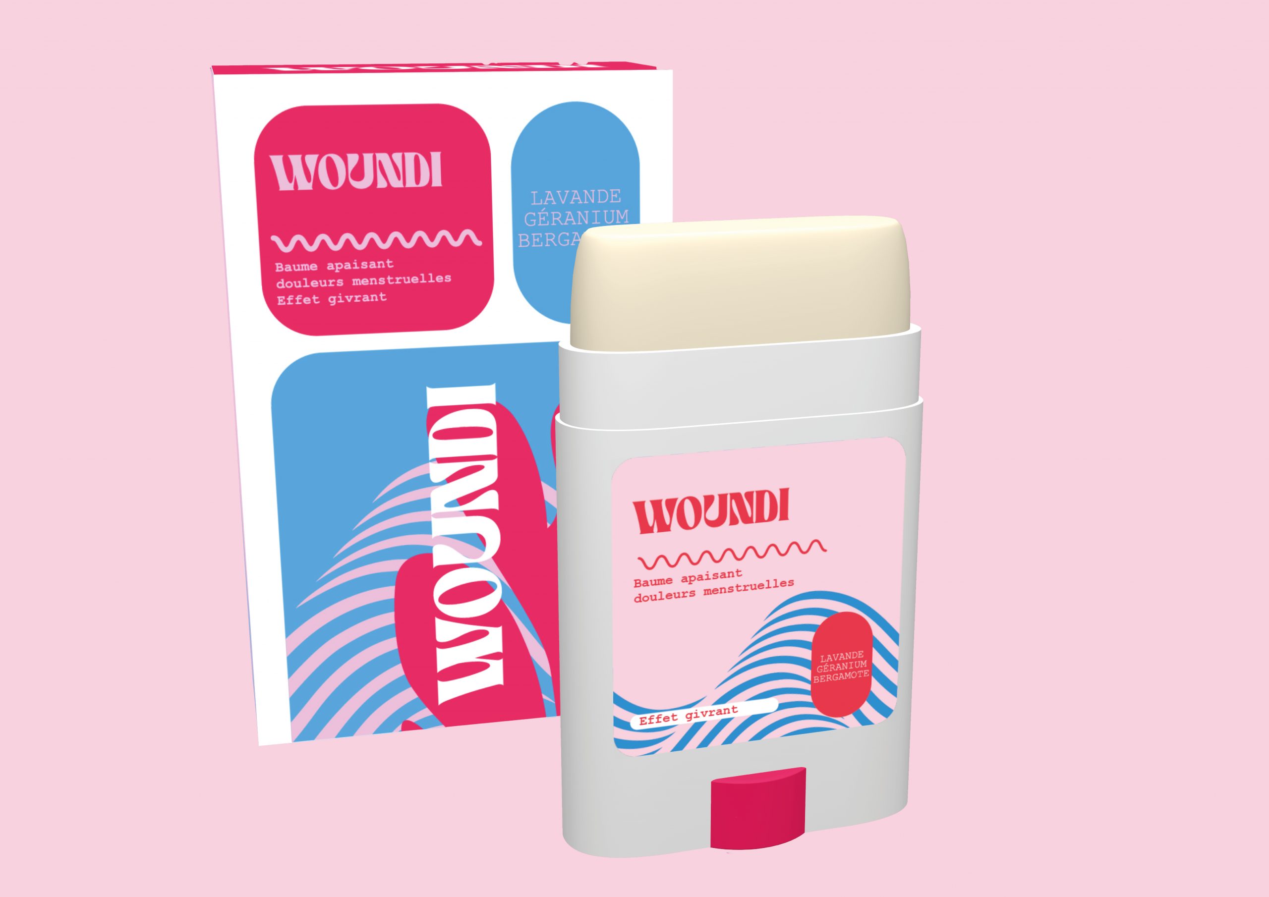 Création d'un packaging à l'aide du logiciel Spline pour un projet de groupe de branding et de stratégie sur un baume apaisant pour les menstruations